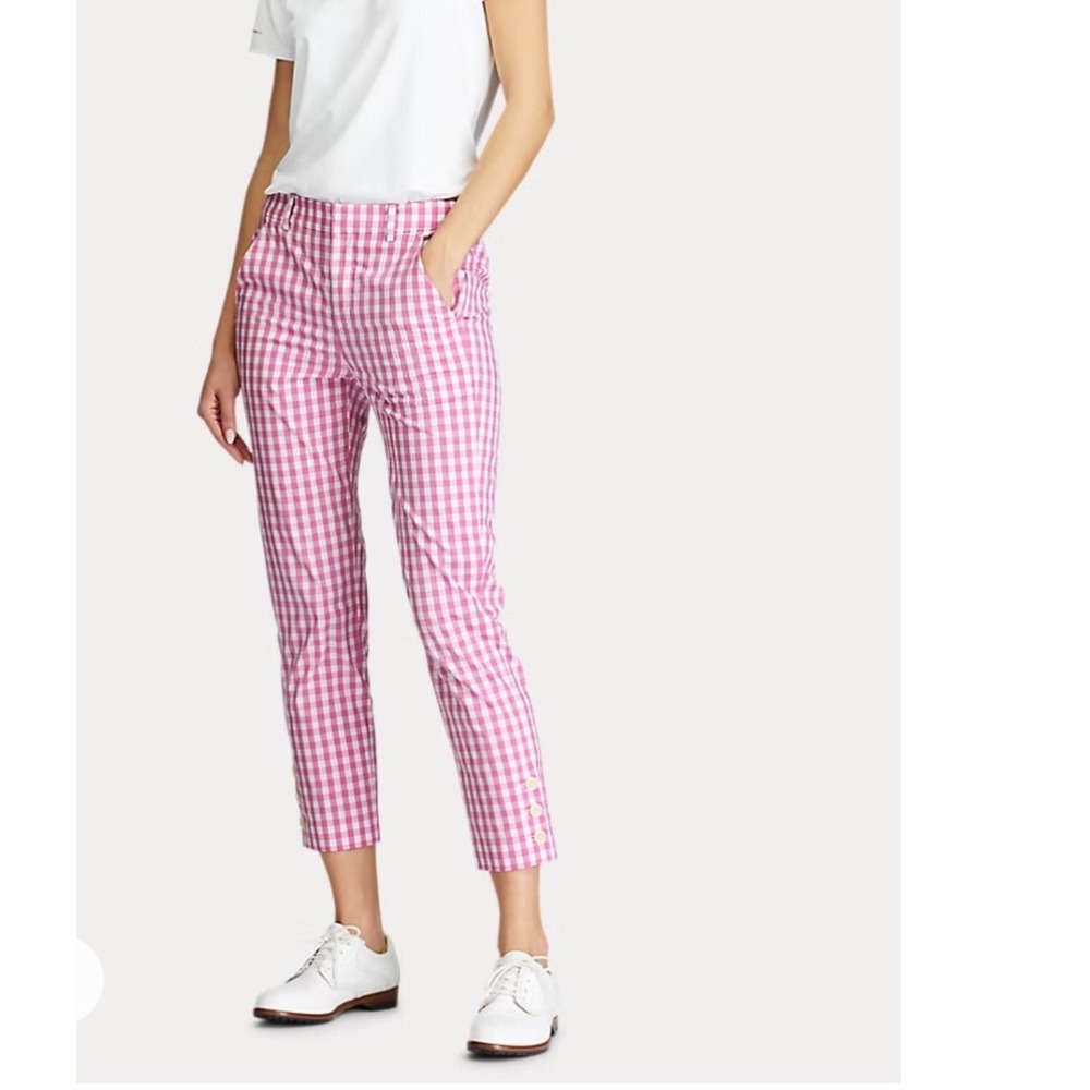 Polo Golf Ralph Lauren Rose Gingham Stretch Capri Trousers Pink White Size 8‎